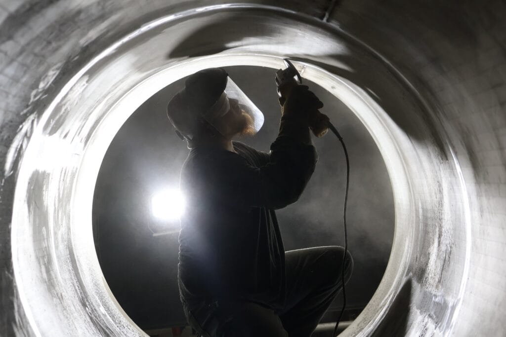 One of our shop technicians grinding the welds on the inside of a custom fabricated mixing tank for a Louisville blending equipment supplier.