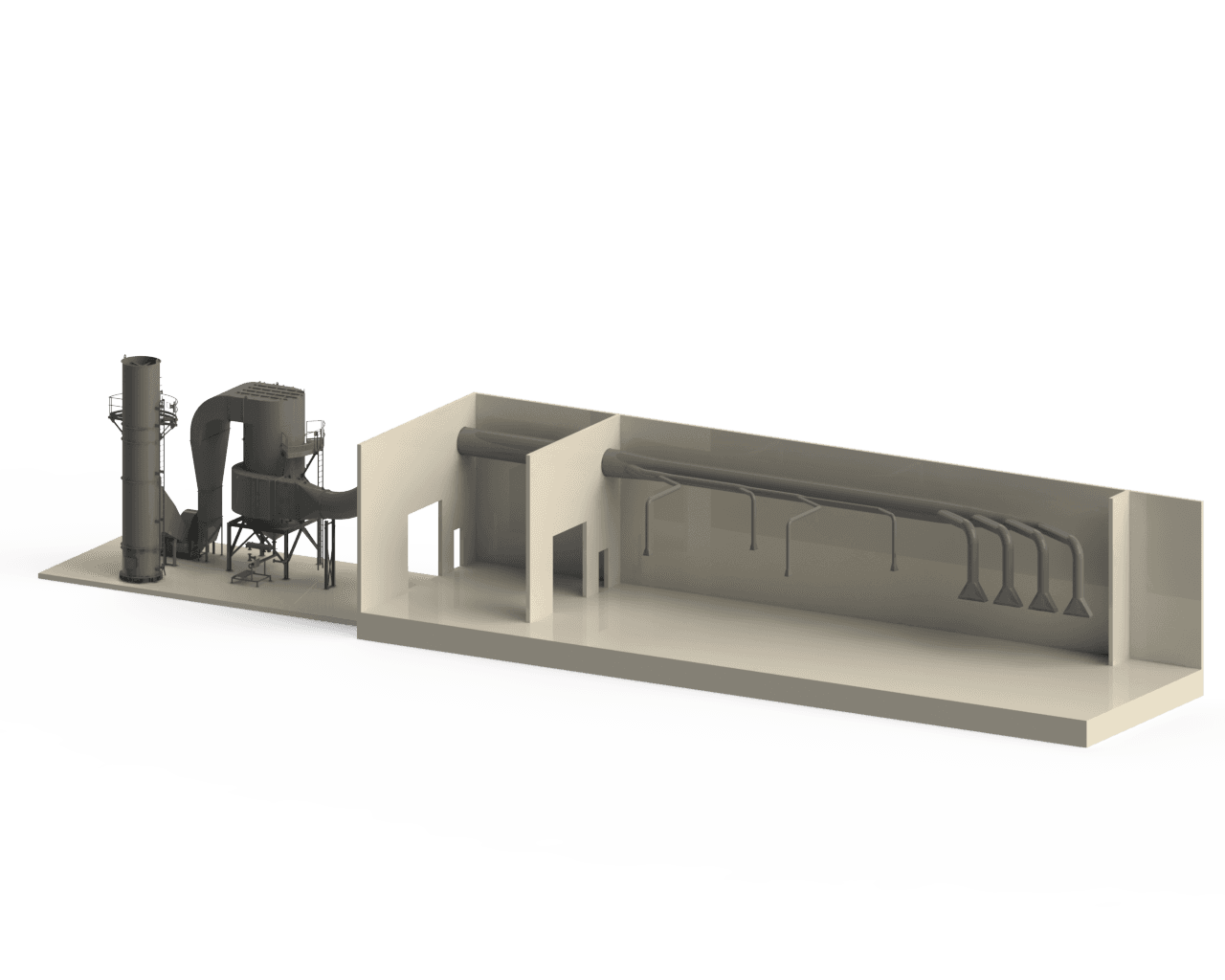 Full system layout for a peanut processing venturi particulate scrubber system.
