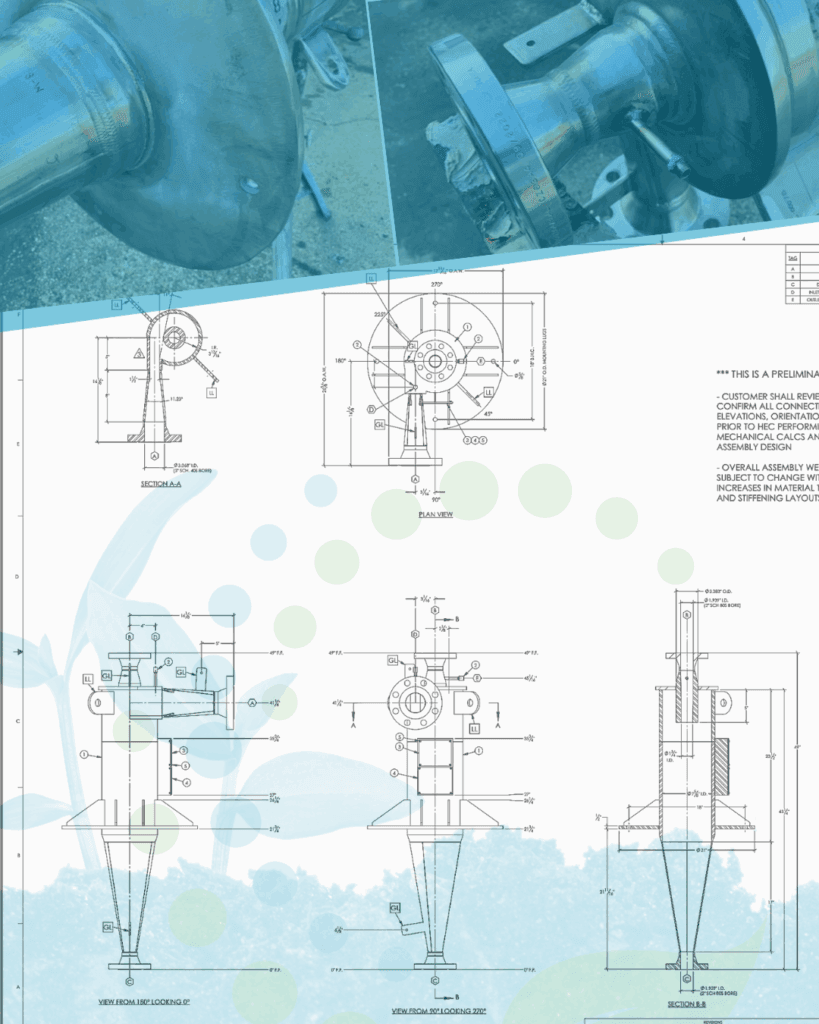Drawing of a small ACFM cyclone custom engineered for removing carbon from process gases.