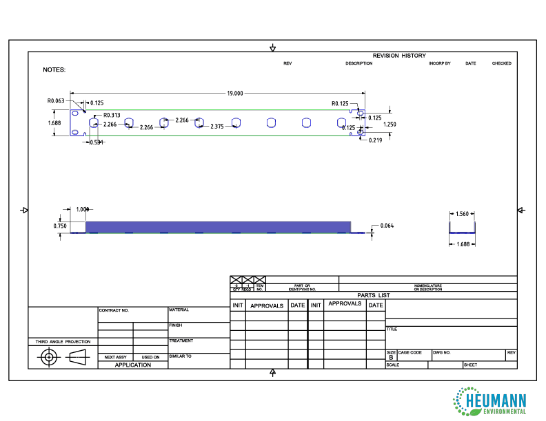 One of several drawings for the custom highway transportation brackets cut on the waterjet table at the Heumann Environmental fabrication shop.