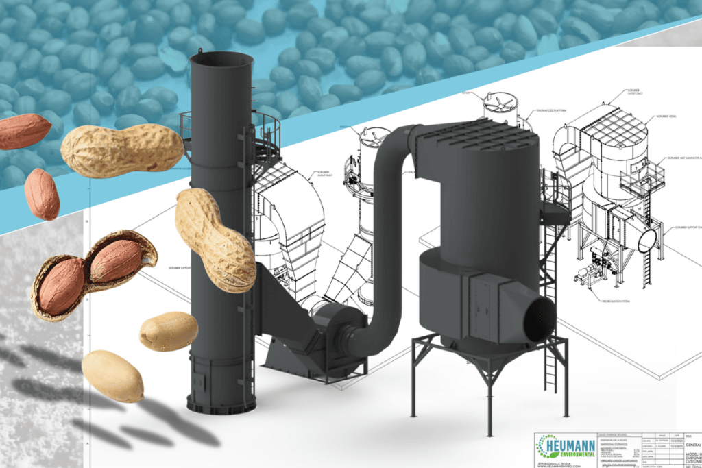 Venturi Scrubber for food manufacturers. Blueprint of turnkey venturi scrubber design overlayed with the 3d model and peanuts