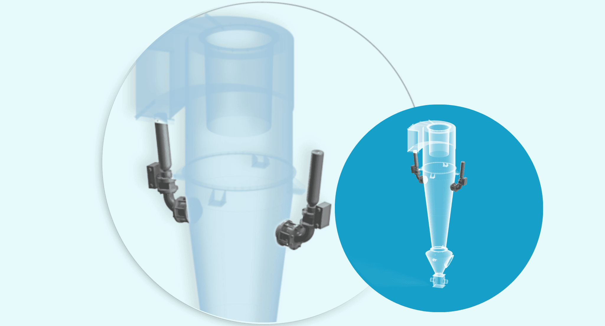 Explosion prevention equipment for high-efficiency industrial cyclone separators in processes handling large volumes of explosive dusts, such as in chemical or wood processing.